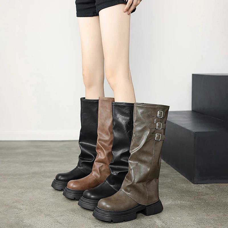 New Women's Boots High Quality Fashionable Round Toe Solid Color Buckle Mid-heeled Sleeve Women's High Boots