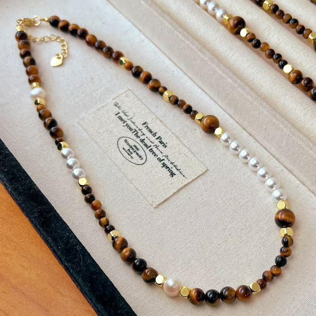 

Vintage Maillard High Quality Natural Tiger S Eye Stone Artificial Crystal Pearl Necklace Clavicle Chain