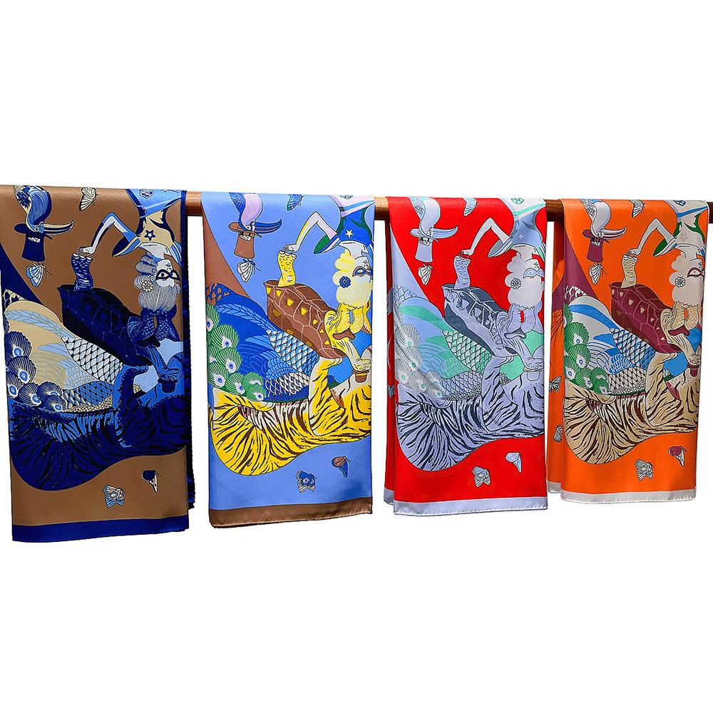 Manual Hand Rolled Twill Silk Scarf Women Animals Print Square Scarves Wraps Echarpes Curled Foulards Femme Bandana Hijab 90CM
