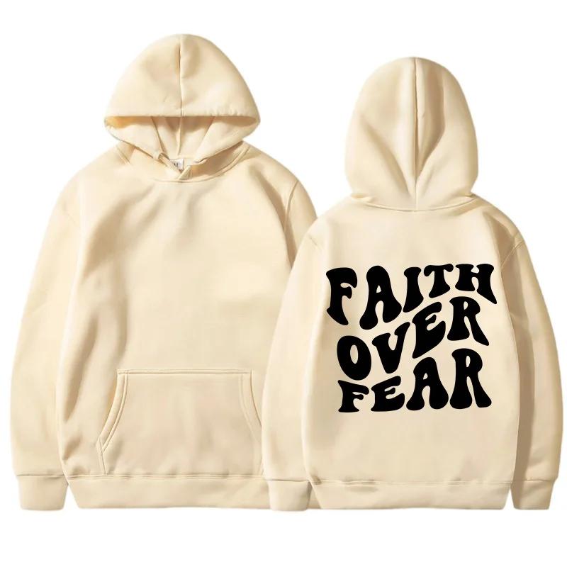 FAITH OVER FEAR Women Plush Sweatshirt Solid Color Letter Print Kangaroo Pocket Drawstring Print Hoodie