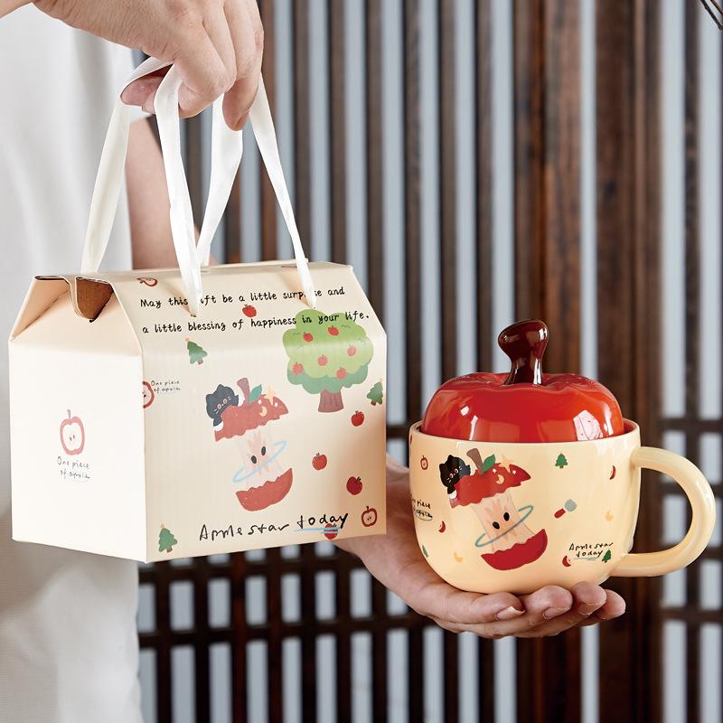 Apple Ceramic Cup Household Water Cup  High Appearance Level  Mug Lid  Spoon Christmas Souvenir Cup Gift Box