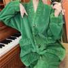 Fur Cardigan Womens Home Flannel Solid Color Loose Coral Fleece Pajamas Set Autumn And Winter Pants Twopiece Set Striped Red