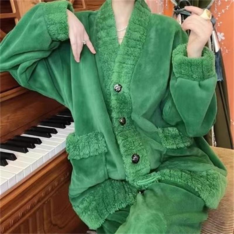 Fur Cardigan Womens Home Flannel Solid Color Loose Coral Fleece Pajamas Set Autumn And Winter Pants Twopiece Set Striped Red