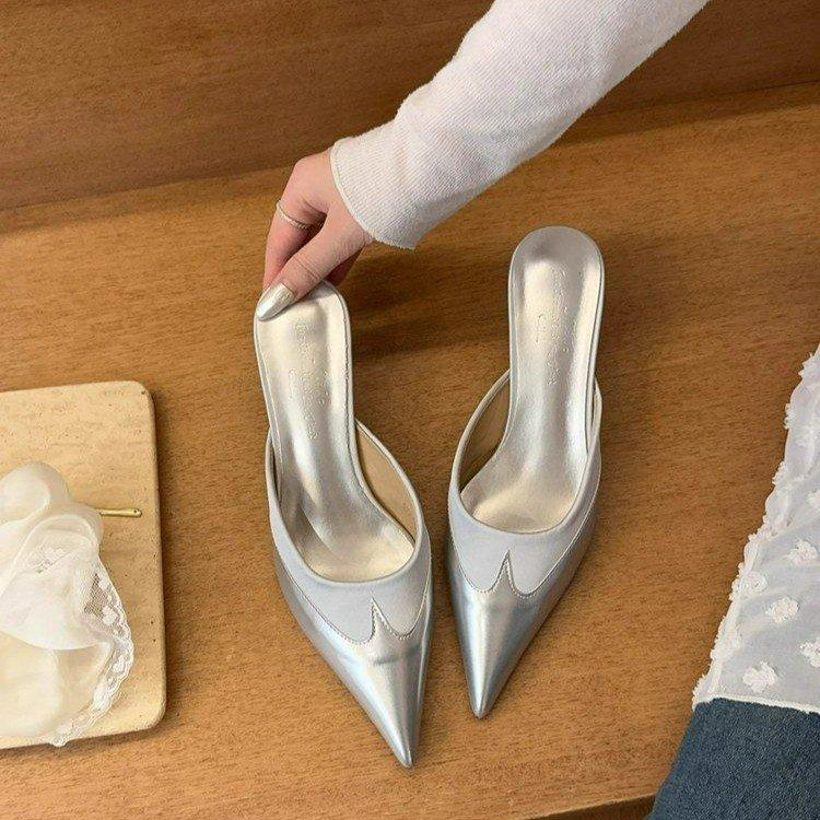 2025 Spring and Summer New European and American Color Matching Pointed High Heels Temperament Bag Head Cool Slippers Women's Thin Medium Heel Half D