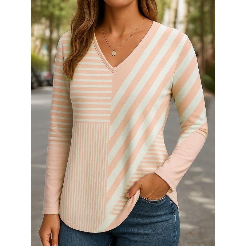 

Women s T-Shirt Graphic Geometric Striped Elegant Fashion Tee Long Sleeve T-shirts V-Neck Regular Tops Pullover Fall Winter XL