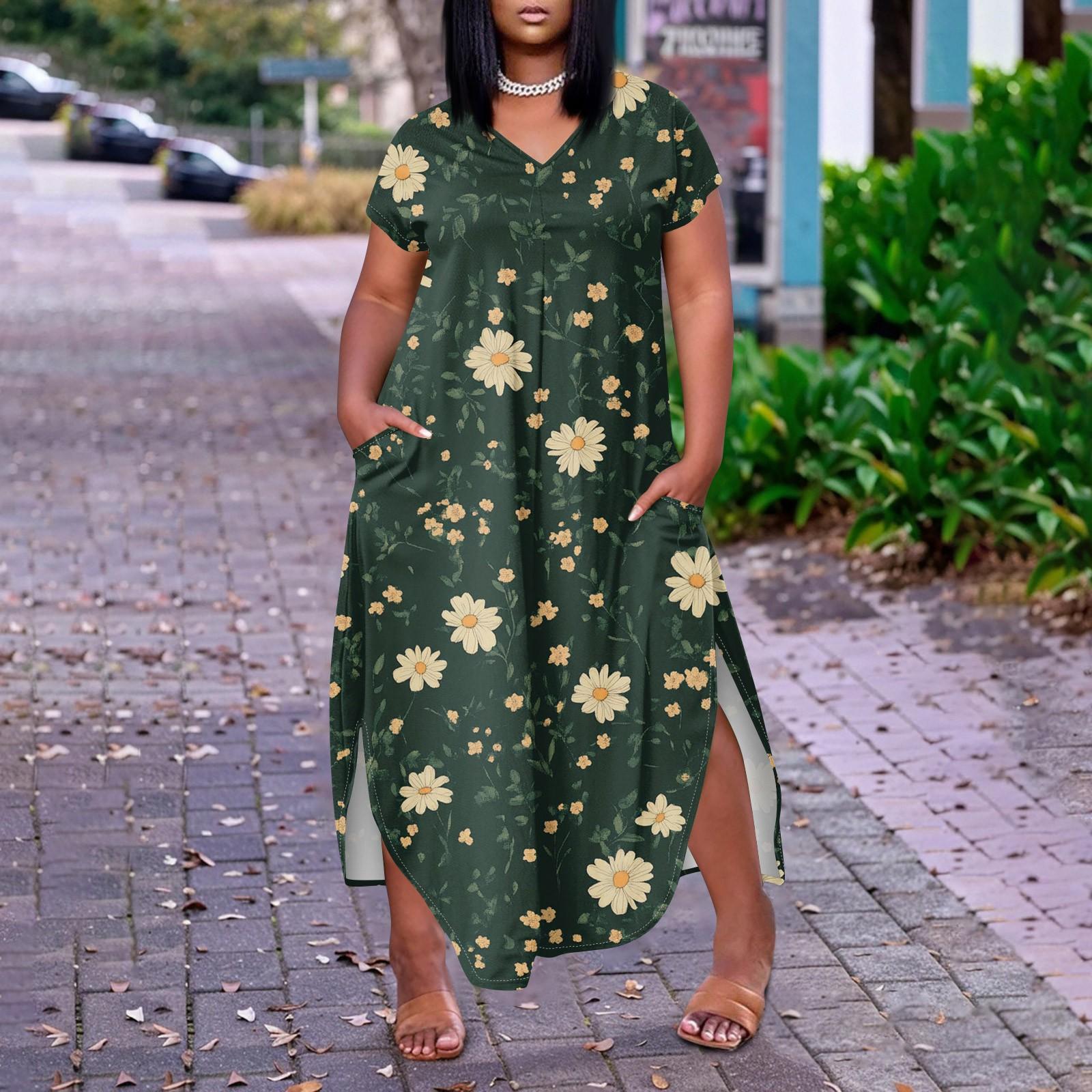 Женское платье макси с цветочным принтом, летнее повседневное платье с коротким рукавом, сарафан с V-образным вырезом, длинные платья с карманами, пляжный отдых XXL