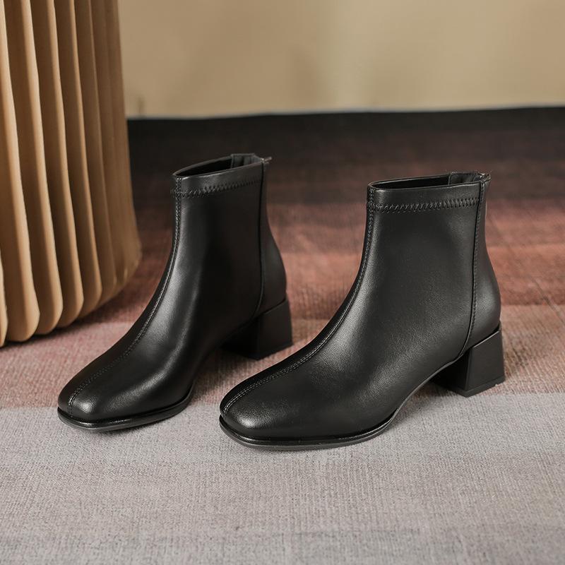 Beige Stiefel mit dickem Absatz Damen Frühling und Herbst Einzelstiefel High Heels dünne Stiefel Martin kleine eckige Zehenpartie Schafsleder weiße Damenstiefel