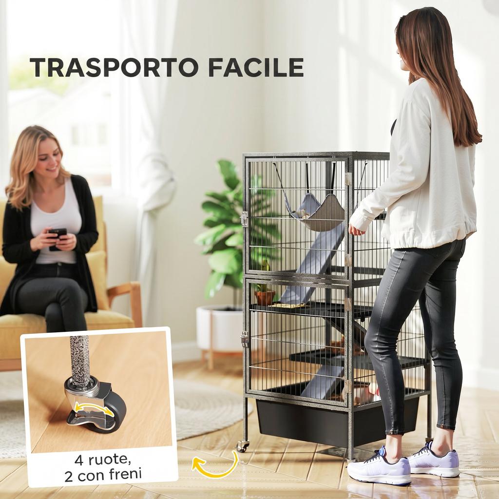 4-Tier Small Animal Cage with Ramps, Platforms, Hammock and Wheels, 52x52x115 cm, Grey
