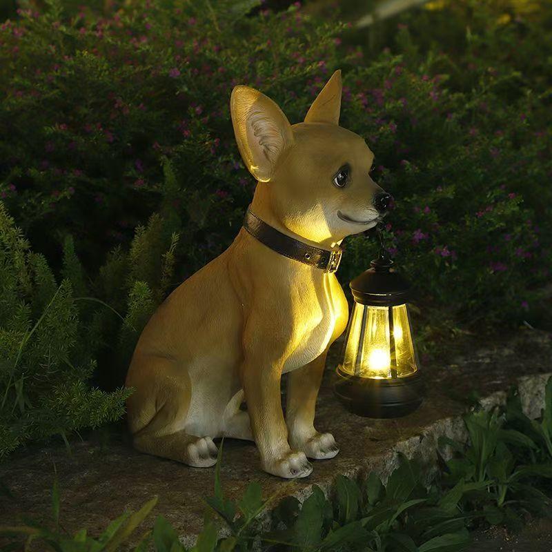 Solar Powered Chihuahua Statue Outdoor Garden Decor with LED Lights Automatic Night Light Dog Figurine for Yard Patio Pathway