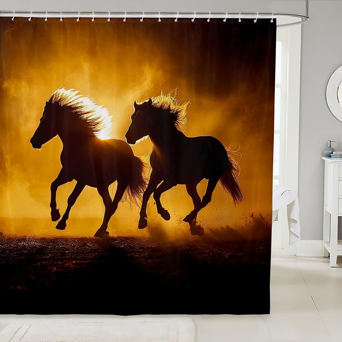 

Japanese Style Shower Curtain Pink Cherry Blossoms Waterproof Bathroom Curtain For Girls, Black Galloping Horse Bath Curtain W60H190(CM)-1 Pcs