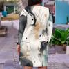 Women Plus Size V Neck Long Sleeve Printed Fitted Straight Midi Dress