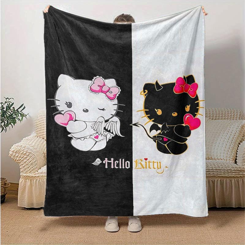 

1pc Hello Kitty Angel & Devil Blanket, Seasonal Home Decorative Throw for Room, Living Room, Travel, Camping, Car Blankets, Beach, Office Naps, Unique 130x150cm