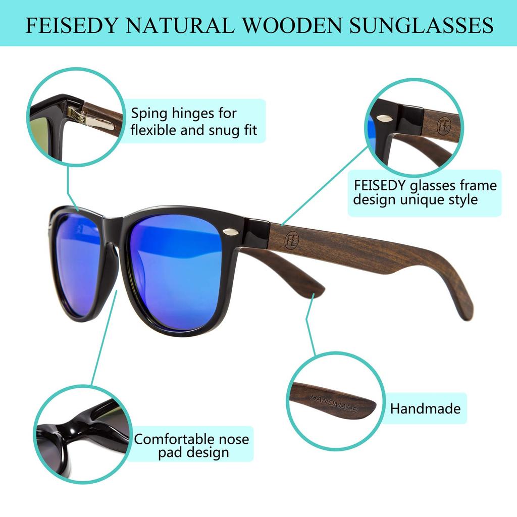 FEISEDY Men's Wooden Polarized Sunglasses with UV400 Protection, Handmade for Driving, Baseball, Cycling, Fishing, Running, Golf, and Other