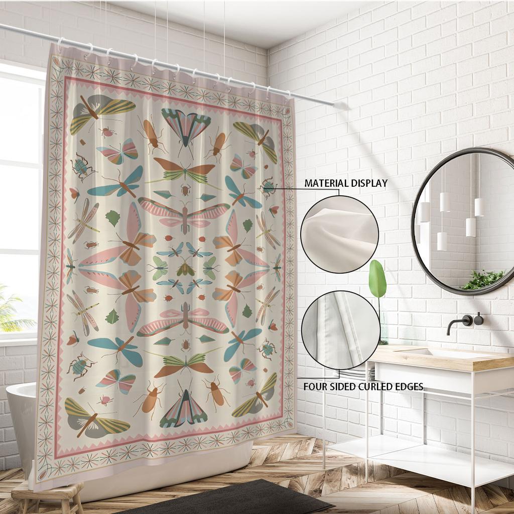 1Pc Colorful Insect Printed Waterproof Shower Curtain Partition Privacy Hanging Curtain, With 12 Hooks, Easy To Install