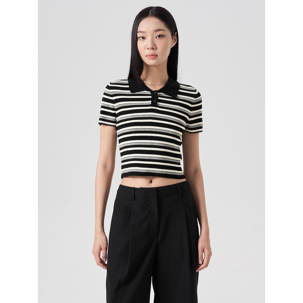 8Seconds Striped Collared Neck Short Sleeve Pullover Black Black/S