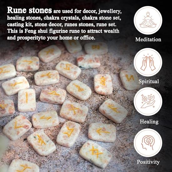 Crocon Sunstone Rectangle Shape Gemstone Runes with Elder Futhark Alphabet Engraved 25 Pcs Rune Set  : 20-25mm