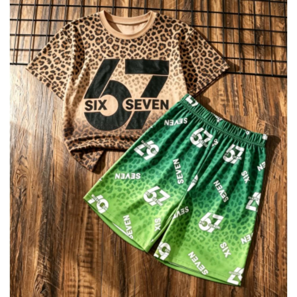 Fashion Kids Set Fun Leopard 67 Number Printed Kids T-shirt and Shorts 2 Piece Set Summer Casual Outdoor Street Boy's and Girl's T-shirt Sets