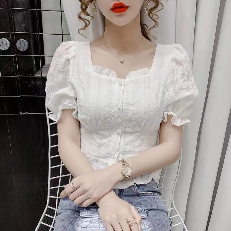 Summer New French Short-sleeved Ruffled Top Design Niche Square Collar Short Chiffon Top Women