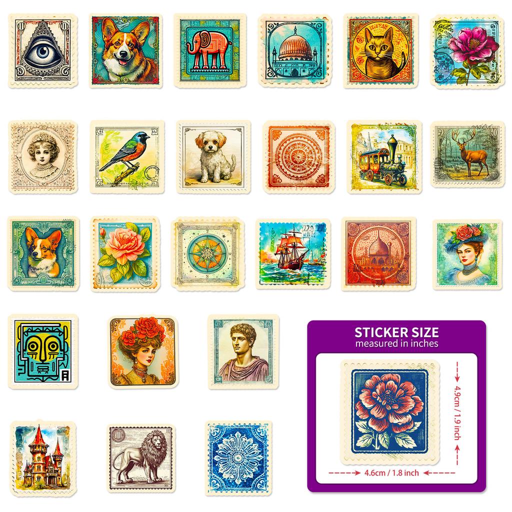 50 Antique Stamps Stickers European And American Renaissance Vintage Stamps Handbook Diary Diy Material
