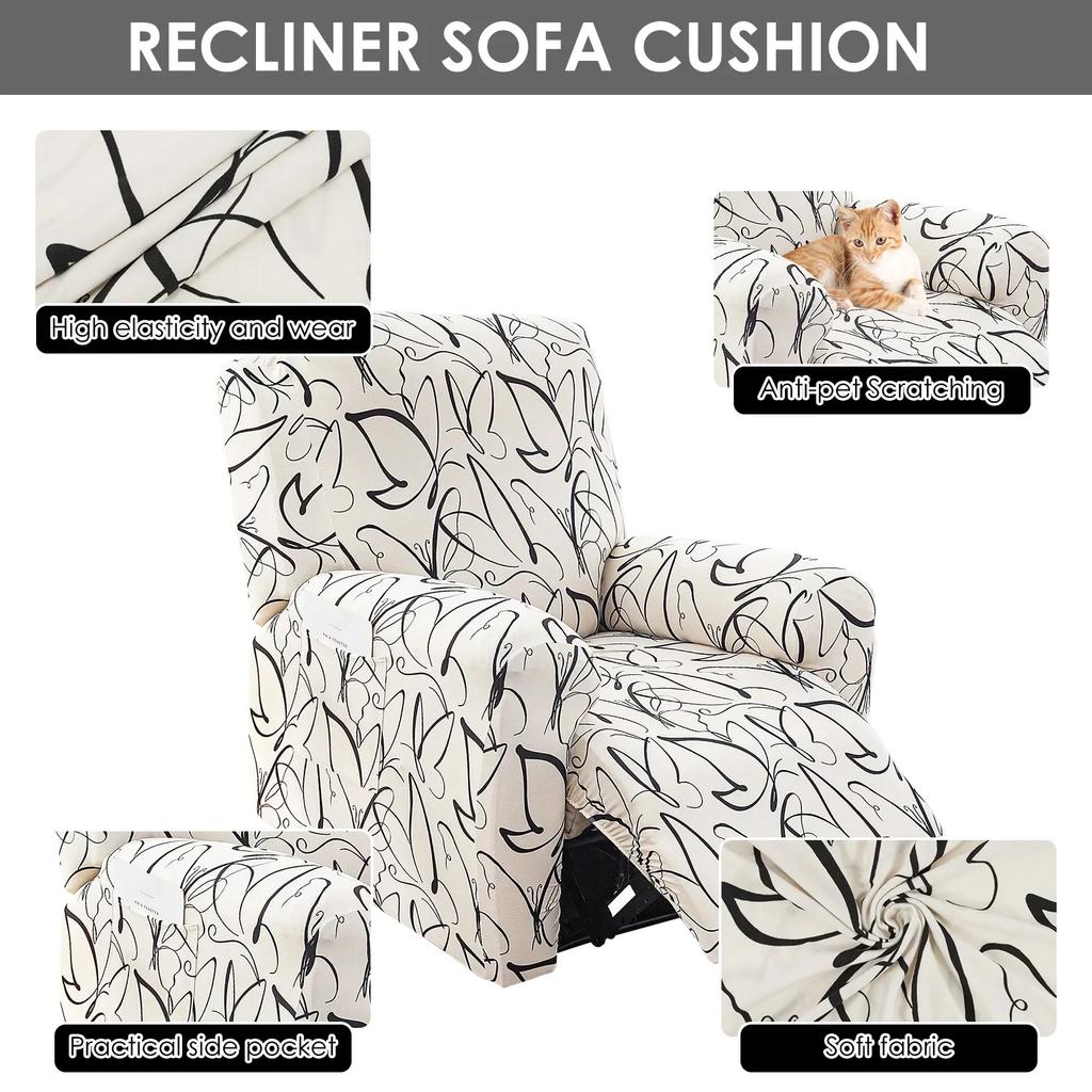4Pcs Elastic Recliner Sofa Cover Printed Stretch Recliner Slipcovers with Side Pockets Non Slip Sofa Slipcovers for Living Room