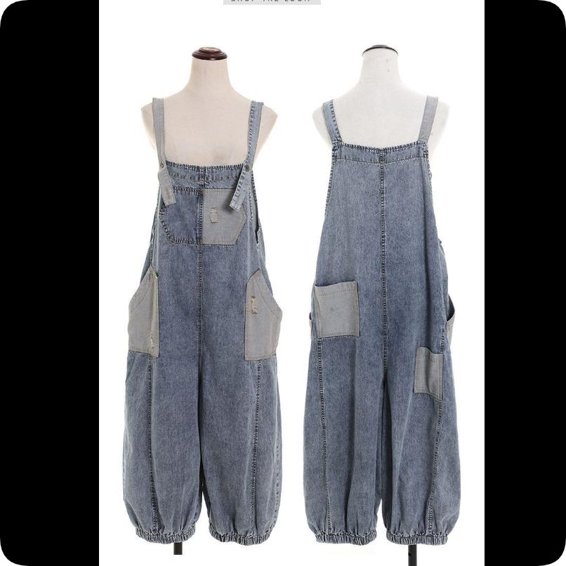 Retro Denim Overalls Women's Spring and Autumn Age-reducing Hong Kong Flavor Loose Patch Fashion Harlan Age-reducing Nine-point Pants
