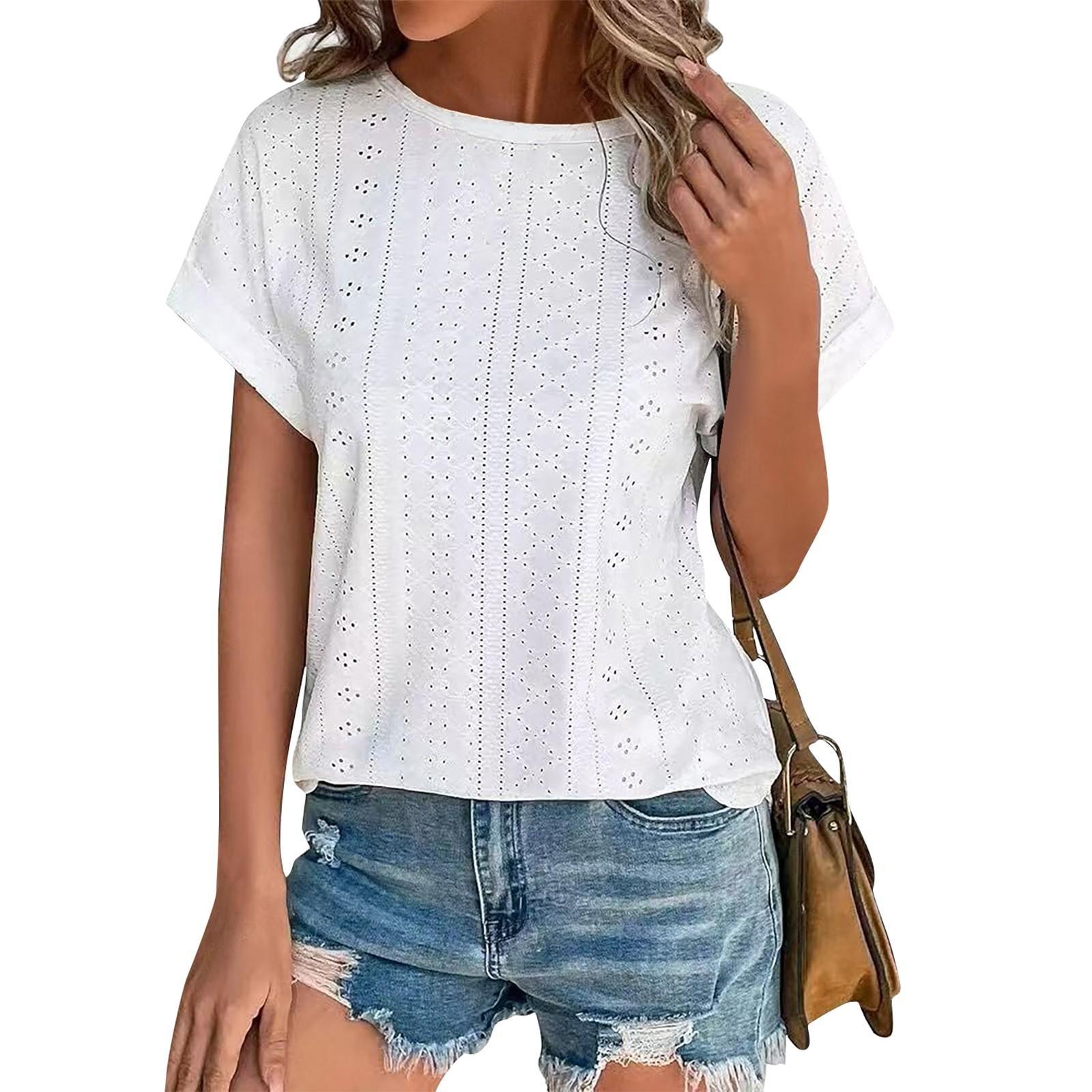 

Женская мода однотонный круглый вырез свободный короткий рукав пуловер футболка топ XL белый