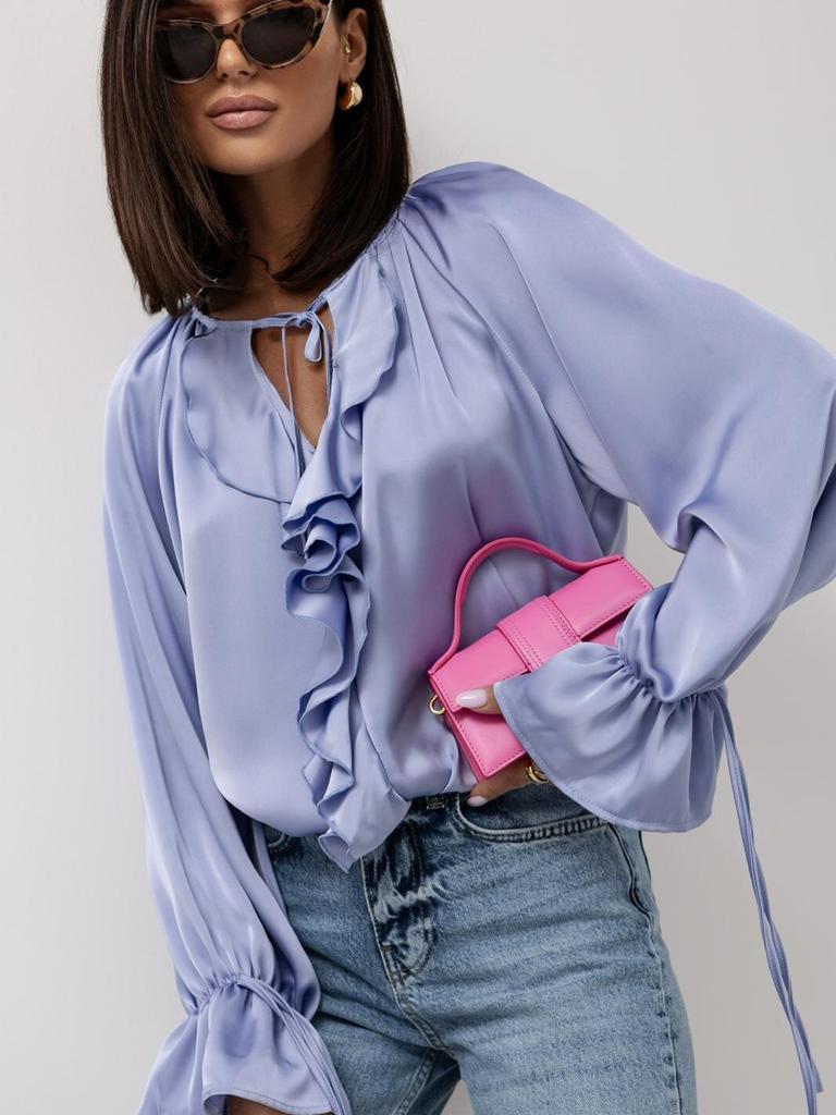Spring/Summer Tie-Up Collar Ruffled Edge Blouse Loose Bell Sleeve Women's Shirt