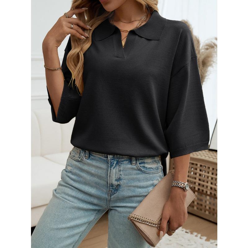 Women Solid Color Lapel Solid Color Half Sleeve Loose Sweater