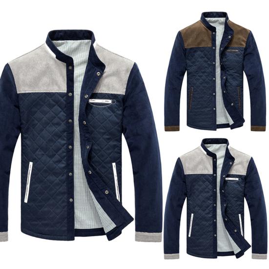 Men Winter Long Sleeve Stand Collar Color Block Buttons Up Corduroy Slim Jacket