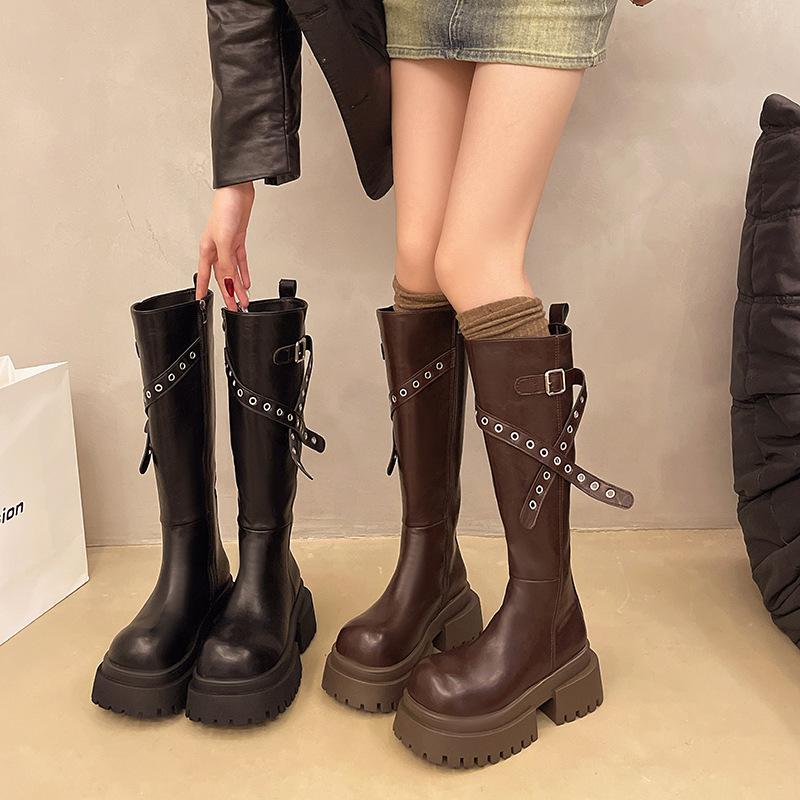 But Knee Boots Women's 2025 Autumn Explosion New Belt Buckle Handsome Heightening Tube Thick-soled Knight Boots Women's Boots