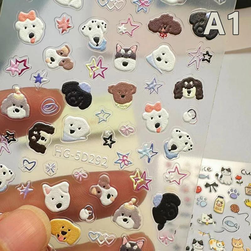 5D Embossed Cute Cartoon Cat Dog Design Nail Art Sticker Decals Self Adhesive Supplies For Women And Girls