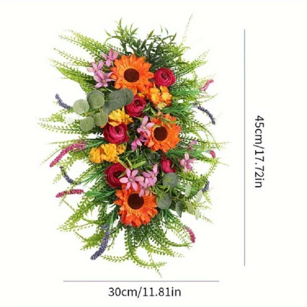45cm Artificial Fall Swag Harvest Teardrop Wreath Autumn Sunflower Wreath Door Hanging Ornaments Fall Teardrop for Thanksgiving Fall Festival Decor