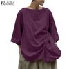 ZANZEA Damen Lässiges Rundhals 3/4-Ärmel Lockere Bluse mit Kordelzug