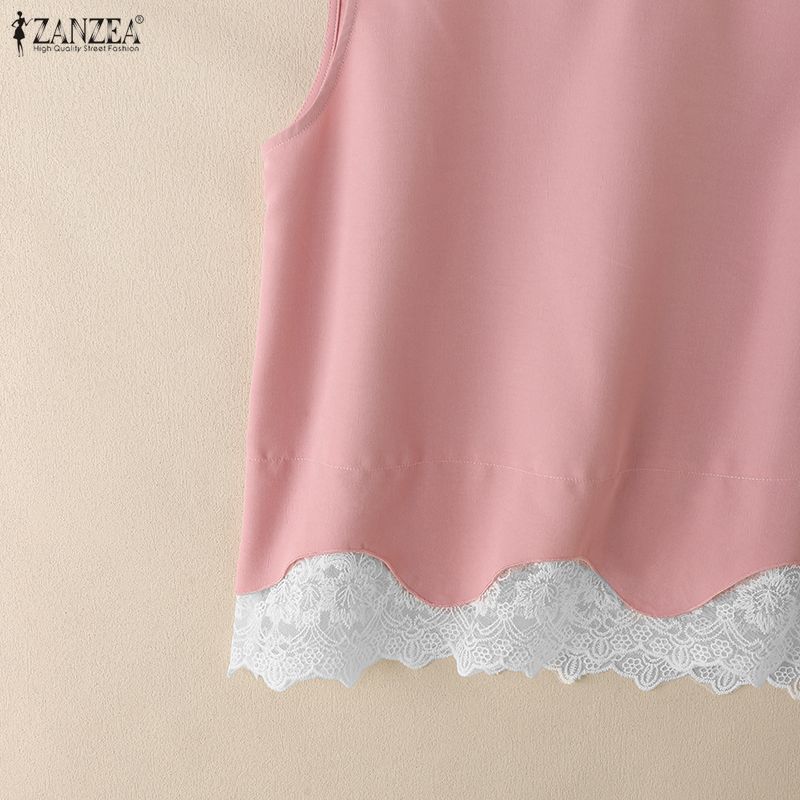 ZANZEA Women Lace Splice Summer Casual Round Neck Sleeveless Tank Tops