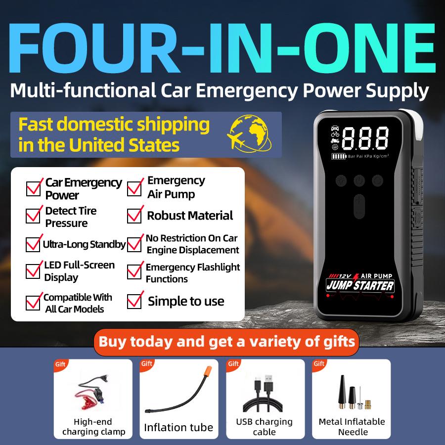 Portable large-capacity 12V 8000A smart emergency car jump starter with air compressor, multifunctional emergency flashlight, power bank, air pump. Smart Multi-Function