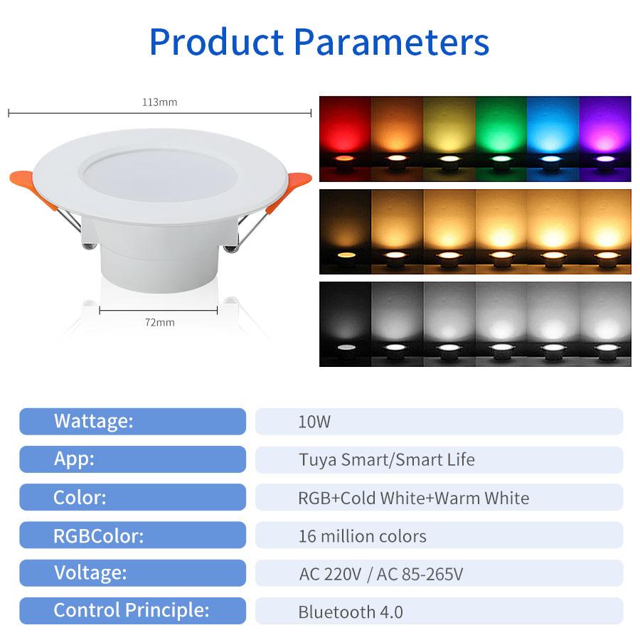 AC 85-265V 220V 10W Smart Bluetooth Downlight Dimmable RGBCW Ceiling LED Down Light Smart Life App Control Living Room Decor