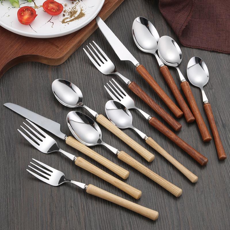 Wooden Handle Cutlery Set 304 Stainless Steel Knife Fork Spoon Teaspoon Dinnerware Set  Japanese Tableware Kitchen Utensils