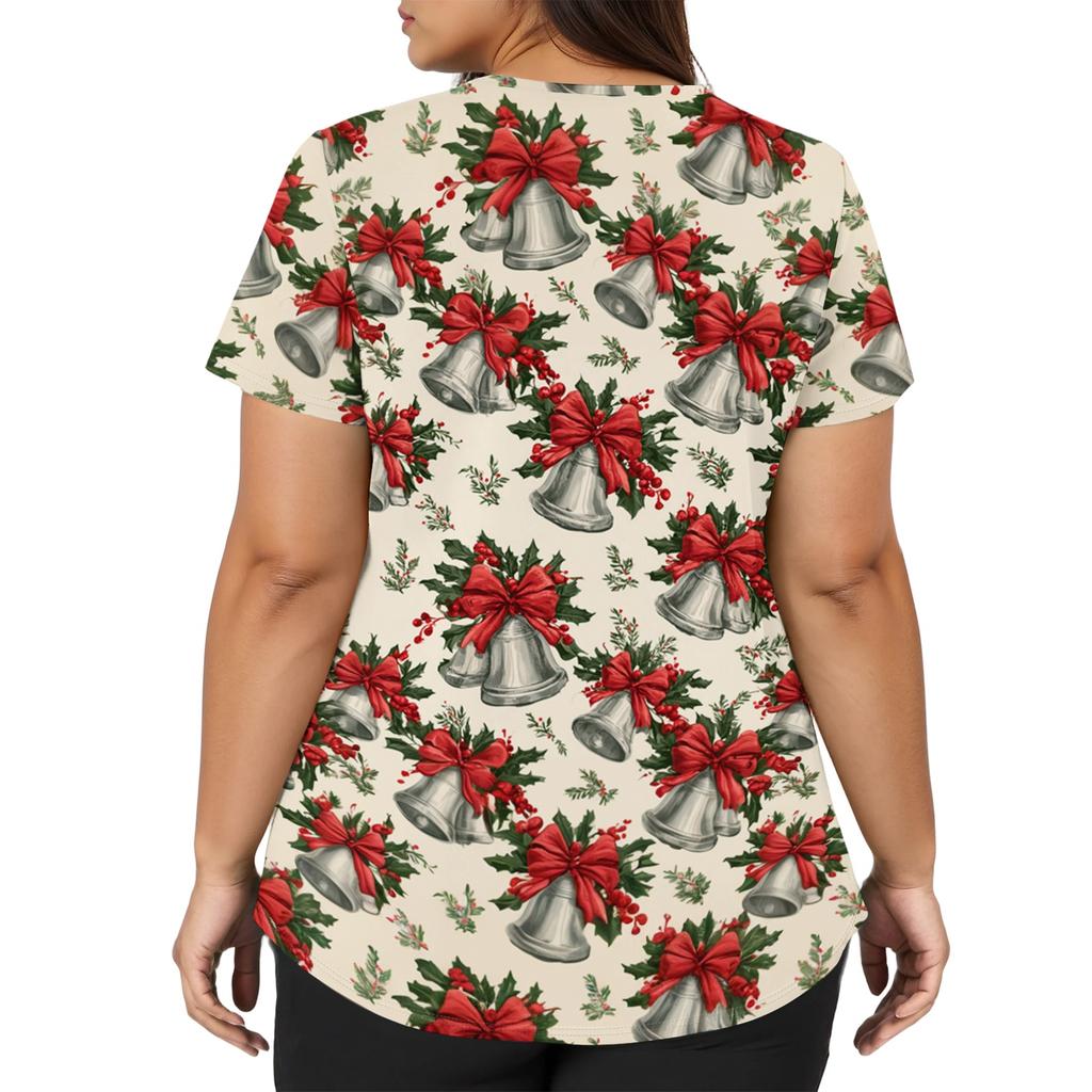 Women's Fashion Christmas Print V-Neck Short Sleeve Caregiver Work Top with Pockets