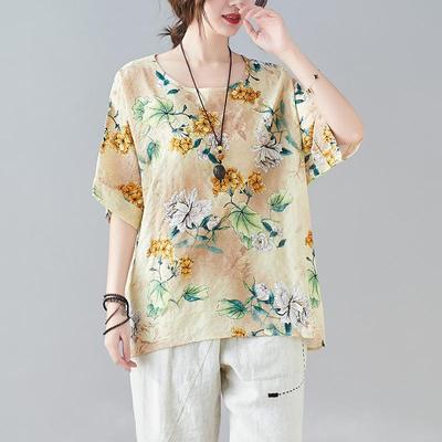 Plus Size Clothes Tops Short Sleeve Shirts O Neck Casual Oversized Clothing Floral Printed Top Womens Cotton Linen Blouse