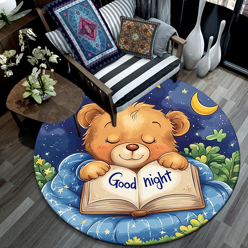 Teddy Bear Reading Book Round Area Rug,Carpet Rug for Living Room Bedroom Sofa Playroom Decor,Non-slip Floor Mat