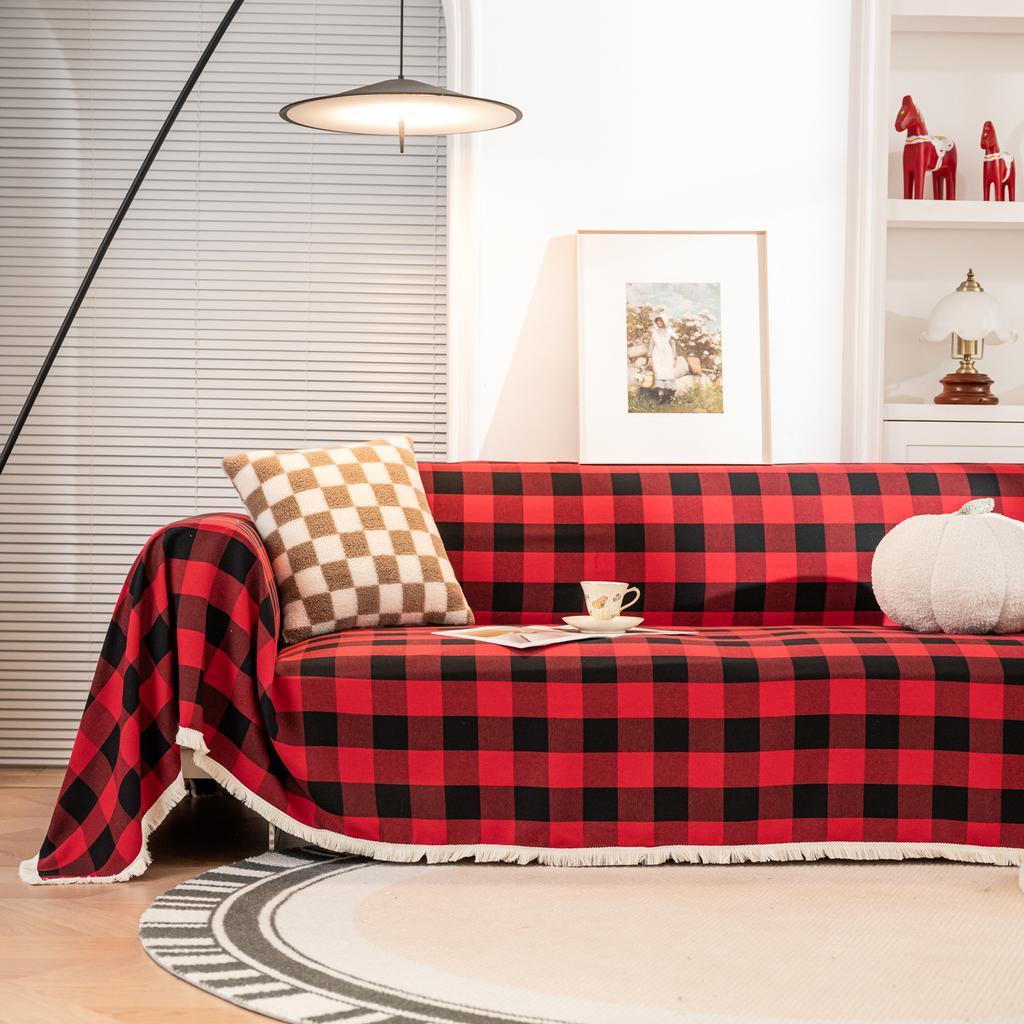 Christmas Sofa Cover Plaid Slipcover Couch Cover Grid Living Room Pet Bed Chair Soft with Tassel Washable Towel Throw Blanket