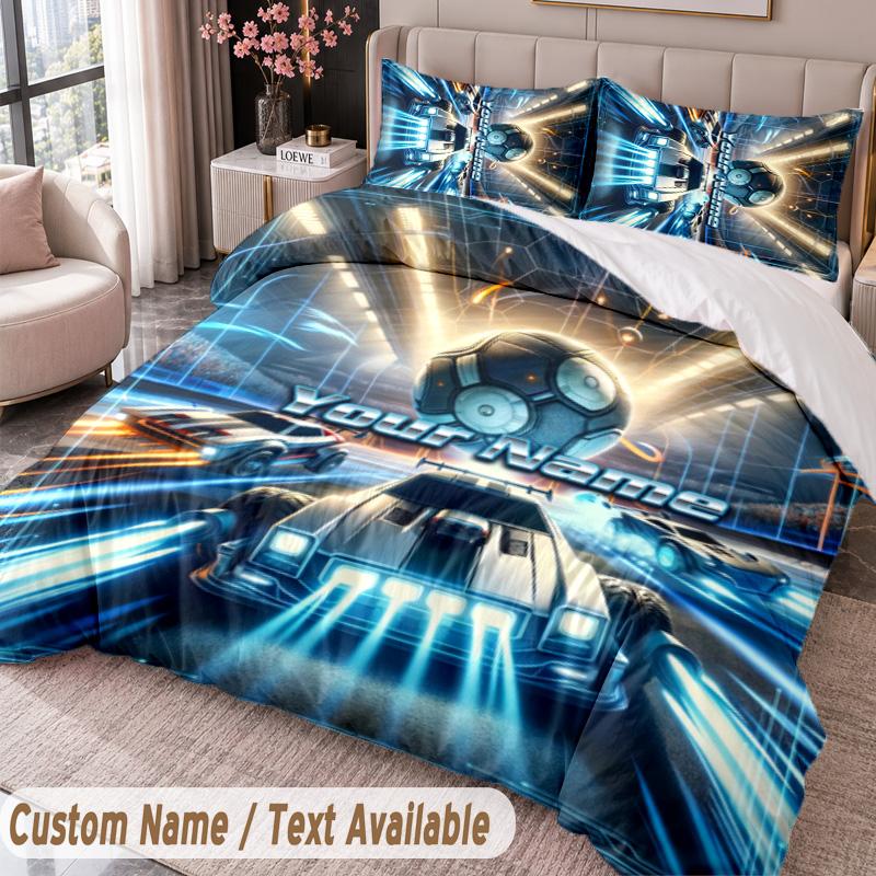 Benutzerdefinierter Name Text 3-teiliges Bettwäsche-Set Rocket League Bettbezug und zwei Kissenbezüge