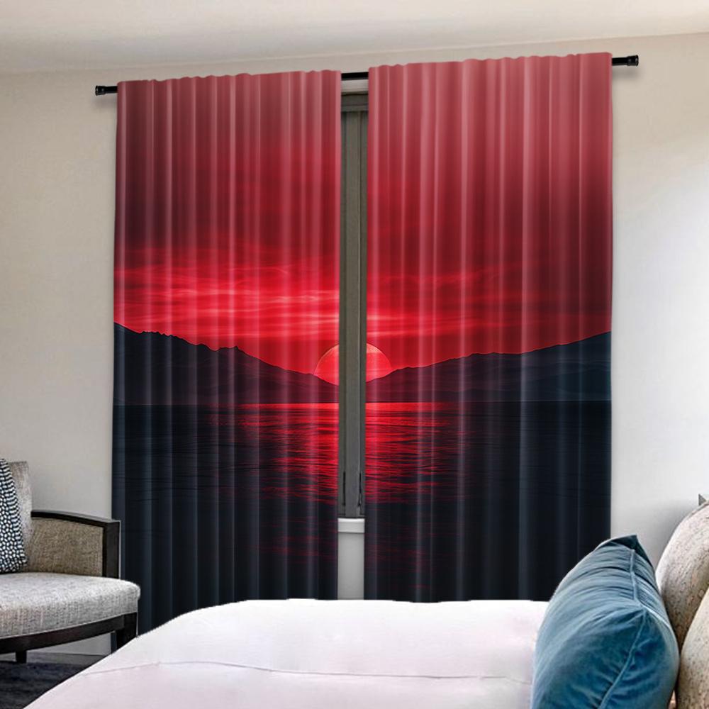 Modern Art Inspired Ribbed Pocket Curtains Tricot Polyester Plain Ombre Sunset Seascape Print Semi Sheer Room Darkening Set Of 2 Made