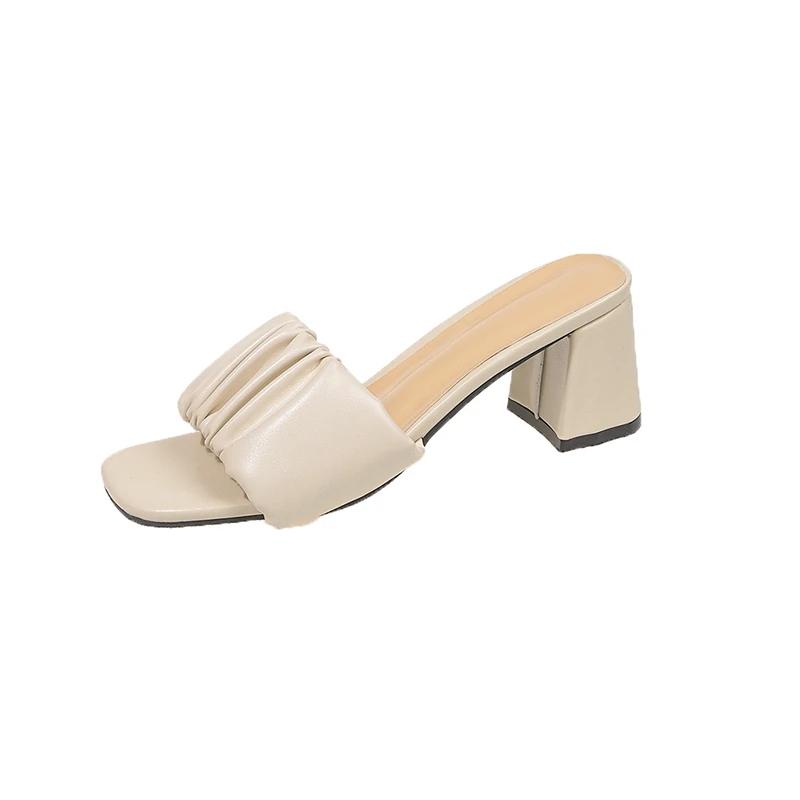 Fashion Shoes Female 2025 Open Toe Women's Slippers Fashion Dress Slippers Women Square Toe Pleated High Heels Plus Size Modern Sandals