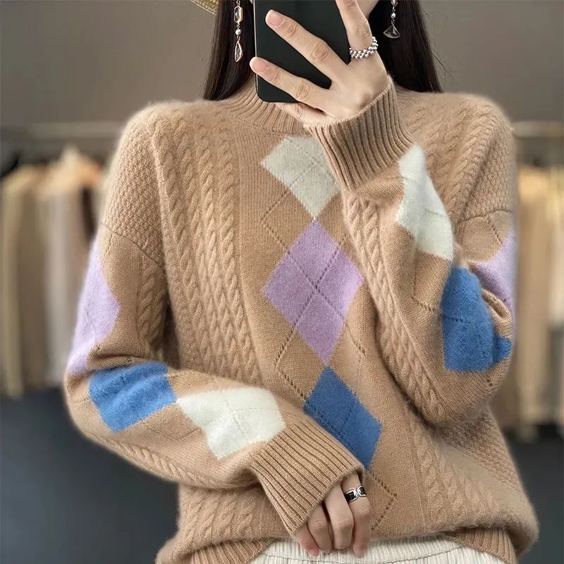 

Жіночий осінньо-зимовий модний светр жакардового дизайну, вільний жіночий напіввисокий комір, трикотажний топ з довгими рукавами для жінок 3XL коричневий/верблюд