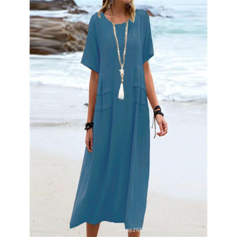 New Women's Cotton Pocket Casual Solid Color Short Sleeved Dress