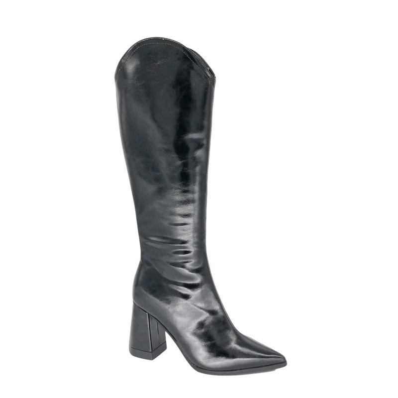 PU Leather High-heeled Knight Boots Women's Fashion V Mouth Pointed Toe Knee High Boots Khaki Sexy 8cm Square Heel Women Shoes