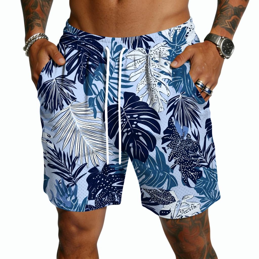 Men's Casual Hawaiian Print Drawstring Shorts Lightweight Quick Dry Mid-Length Beachwear Summer Five-Point Pants with Pockets