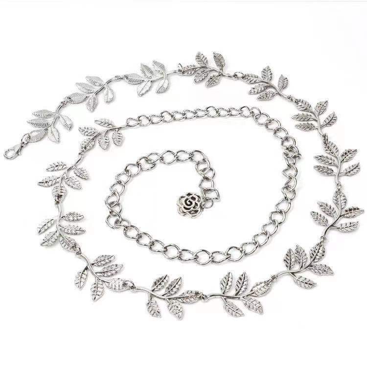 European and American Big Brand Leaf Decoration Gold Dress Thin Waist Chain Women's Decoration Elastic Metal Waist Chain Waist Decoration
