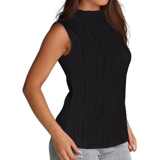 Women Summer Vest Solid Color Half Turtle Neck Sleeveless Tank Top Striped Jacquard Texture